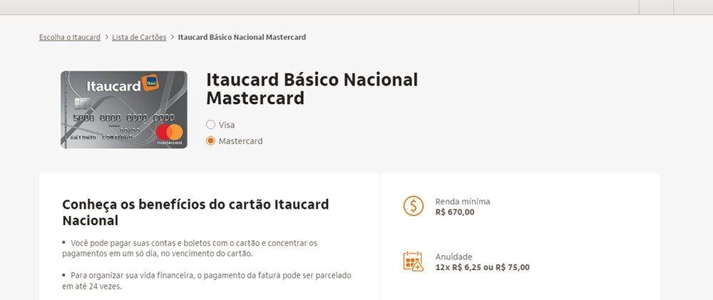 Cartão de crédito Básico Nacional da categoria Itaucard- oferecido pelo Banco Itaú